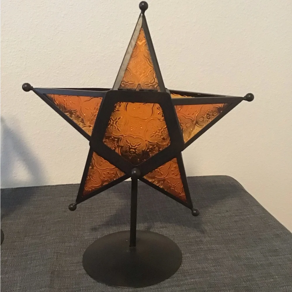 Moravian Stamped Glass Star Shaped Tea Light Candle Holder Set (2) Amber/Orange